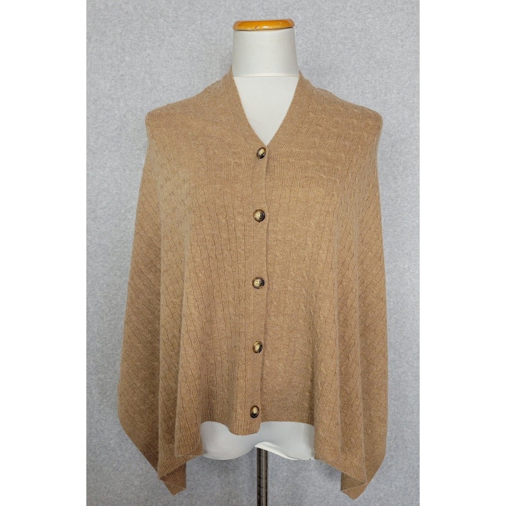 Orvis Camel Tan Cable Knit Button Front Poncho Wrap Wool Cashmere Blend OS